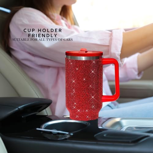 Image of 40 Oz Rhinestone Tumbler with Handle and Flip Straw | Insulated Stainless Steel Double Layer Bling Tumbler | Leak Proof Glitter Tumbler for Women | Reusable 1200ml Travel Bling Cups Red