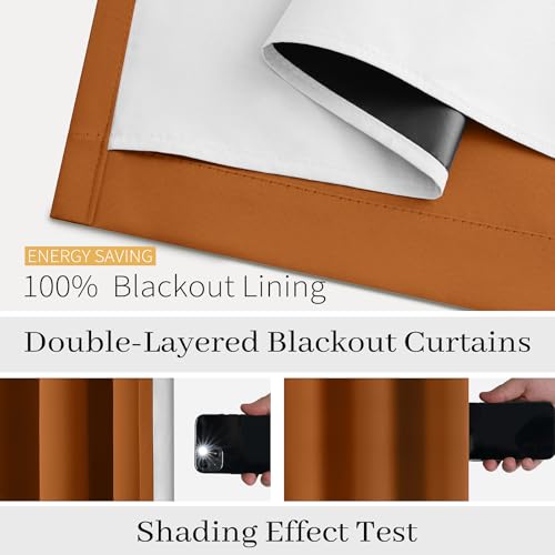 Image of COSVIYA Brunt Orange 100% Blackout Curtains for Bedroom with White Back | 2 Thick Layers Full Room Darkening Thermal Insulated Curtain,Grommet Window Drapes for Living Room, 52x84 Inch, 2 Panels