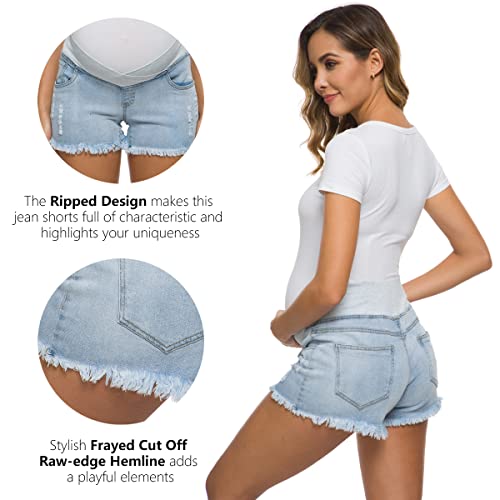 Foucome Maternity Jean Shorts Wide Elastic Band Maternity Shorts For Women Denim (Light Blue, L) #TOP2