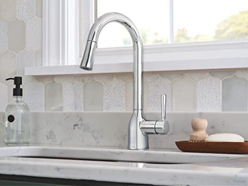 Image of Moen Adler Chrome One-Handle High Arc Kitchen Sink Faucet with Power Clean, Modern Kitchen Faucet with Pull Down Sprayer, 87233