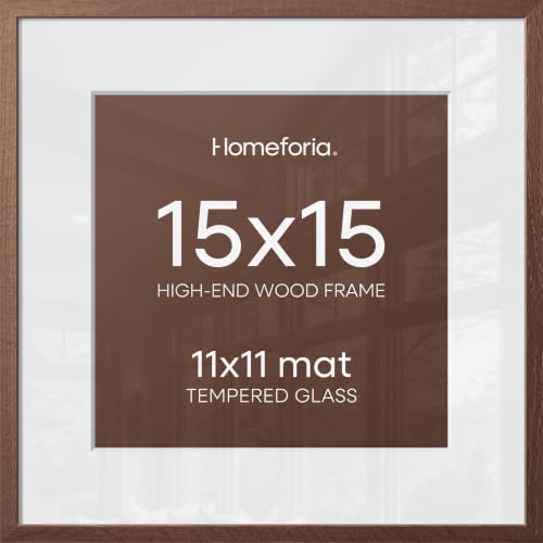 Image of Homeforia 15x15 Picture Frame Brown, High End Dark Oak 15 x 15 Square Wood Frame with Mat 11 x 11 for Photo, 15by15 Wooden Walnut Poster Frame Matted to 11x11 Print, Tempered Glass, Wall Kit, Set of 1