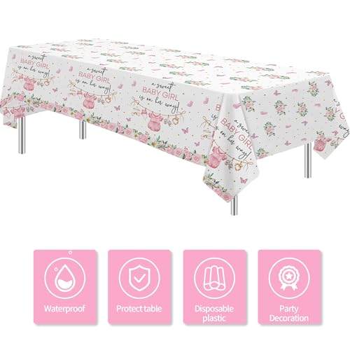 Image of Srua Don Pink Baby Girl Baby Shower Decorations Tablecloth for Girl, Floral A Sweet Girl is On Her Way Party Supplies Table Cover, Baby Girl Party Table Cloth, 3 Pack, 55in x 86in