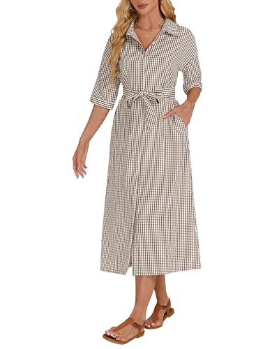 Women's Half Sleeve Plaid Midi Dress Collar V Neck Belted Casual Button Down Long Loose Dress