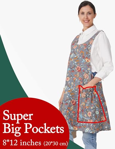 Image of Cozy Adjustable Cross Back Aprons for Women with Pockets Cotton Linen Cooking Kitchen Baking