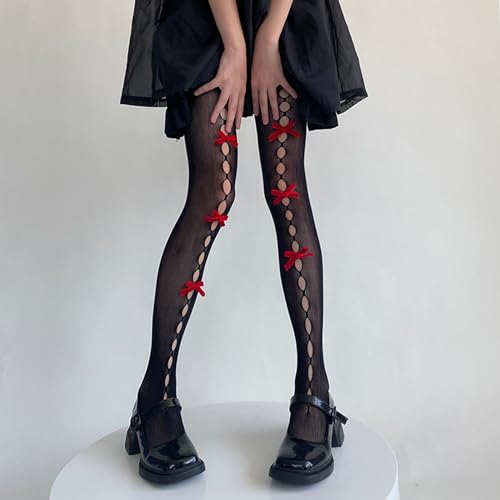 Image of SOLILOQUY Women's Lolita Pattern Tights Kawaii Velvet Bowtie Fishnet Stockings Leggings Mesh Pantyhose Hollow Out lace Socks