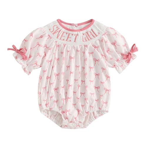 Image of Ursobutegl Newborn Baby Girl Romper Mamas Mini Bow Plaid Print Puff Sleeve Smocked Bubble Romper Jumpsuit Bodysuit Clothes
