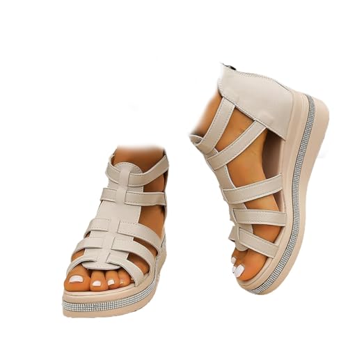 GUOGAOzz Sandalias de cuña con decoración de pedrería, Brillantes Zapatos de Plataforma para Verano, Sandalias de cuña de tacón Alto para Mujer (Beige,43)