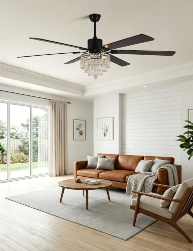 Image of 65'' Black Crystal Chandelier Ceiling Fan with Light