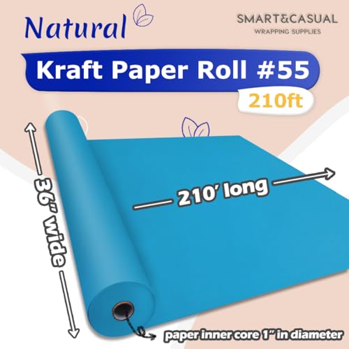Image of SMART&CASUAL 36 inch x 2,520 inch (210') Lake Blue Kraft Craft Paper Roll for Gift Wrapping Bulletin Board Bouquet Flower Art Packing Parcel Table Covering 80GSM 55LB (Lake Blue, 36 inch x 210')