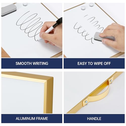 Image of Small Cork Board Whiteboard Combo - 12 inch X 16 inch Portable Aluminum Gold Framed Magnetic Dry Erase Board for Wall, Mini Bulletin CorkBoard with a Handle for Office, Home and School