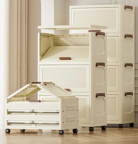 Image of House of Quirk 5-Tier Storage Cabinet with Wheels - Durable Plastic Foldable Wardrobe Organizer with Multiple Compartments, Perfect for Bags, Clothes, and Living Room Storage (Cream)