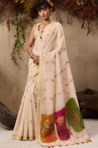 Image of SGF11 Women's Soft Cotton Linen Silk Saree With Unstitched Blouse Piece