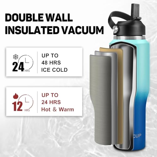 Image of Insulated Water Bottle 40oz with Straw /Spout Lids, Stainless Steel Water Bottles Keep Cold 24h&Hot 12h, Metal Water Bottle with Straw that Fits in Cup Holder, Water Bottle Leak-proof,BPA Free