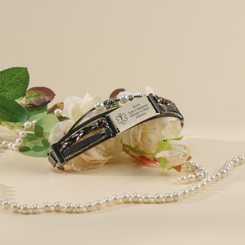 Medical Bracelets Boho Leather Pearl ID Bracelet for Women Multilayer Wrap Dressy Cute Strap with Adjustable Metal Clasp Seizure Wristband4