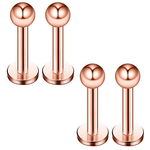 Ruifan 4PCS 16G 6mm Rose Gold Plated 316L Stainless Steel Labret Monroe Lip Ring Tragus Helix Cartilage Earring Stud Barbell Body Piercing Jewelry with 2mm Ball