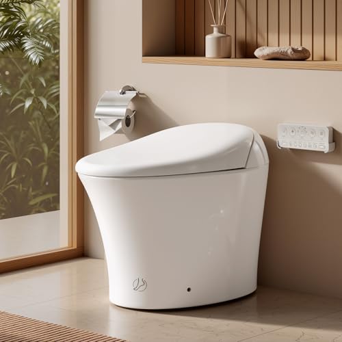 ELLAI White Artistic Smart Toilet with Powerful Flush,Comfort Height,Instant Warm Water&Dryer,Remote Control,Foot sensor,Auto flush,Heated seat,Night light,Deodorization,Low water pressure r