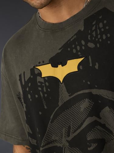 Image of The Souled Store Batman: Dark Knight Men and Boys Short Sleeves Round Neck Grey Graphic Printed Cotton Oversized Fit Breathable Lightweight All-Season T-Shirt