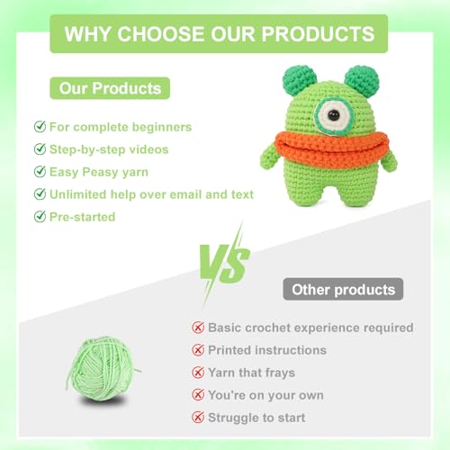 Image of Autglint Monster Crochet Kit for Complete Beginners, Amigurumi Animal Starter Kit with Detailed Video Tutorials, Learn to Crochet Kit with Non-Split Pre-Started Yarn - Green Monster