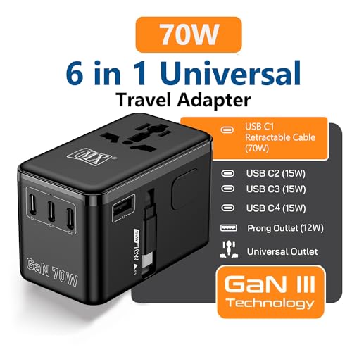 Image of MX GaN 70W Universal Travel Adapter with Retractable 54cm USB-C Cable, 3 USB-C Ports & 1 A Port, 1 Universal Socket, 6-in-1 Fast Charging International Adapter, Type A /C /G /I Output 200+ Countries