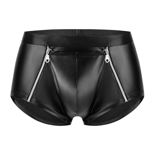 Herren-Pants Latex ähnliche Herren Boxershorts Leder Optik Wetlook sexy Unterwäsche Erotische Boxershorts für Herren Reizwäsche für Männer Sexy Wetlook Shorts Pants Front Pouch mit Reißverschluss 3XL