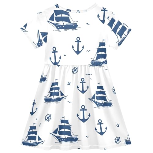 Girl's Casual Dress Small Blue Ships and Anchors Short Sleeve Sundress for Kids2