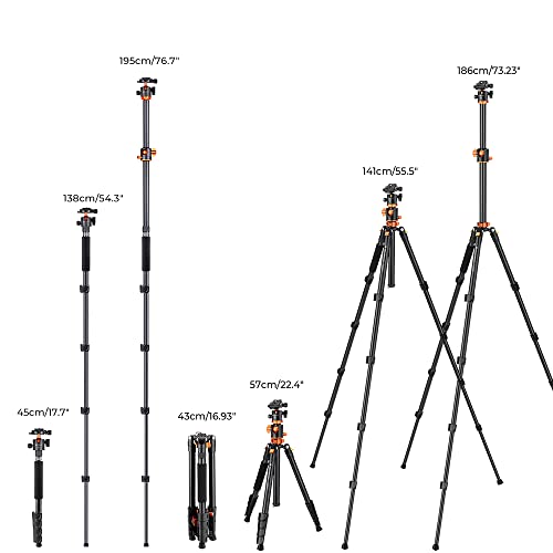 K&F CONCEPT 73 inch /186cm Camera Tripod,Transverse Center Column Aluminium DSLR Tripod with 360 Degree Ball Head 10kg Load Capacity,Quick Release Plate,Detachable Monopod T255A3+BH-28L by K&F CONCEPT - Image 6