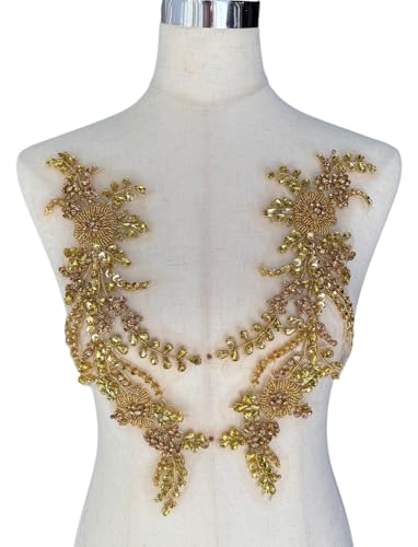HelluyerDC 2PCS Rhinestones Beaded Shiny Applique patchs Flowers 3D Beading Applique for Clothing Wedding Dress Prom Dress and Other DIY Project Decoration 13.3 * 5.5 in (Gold)