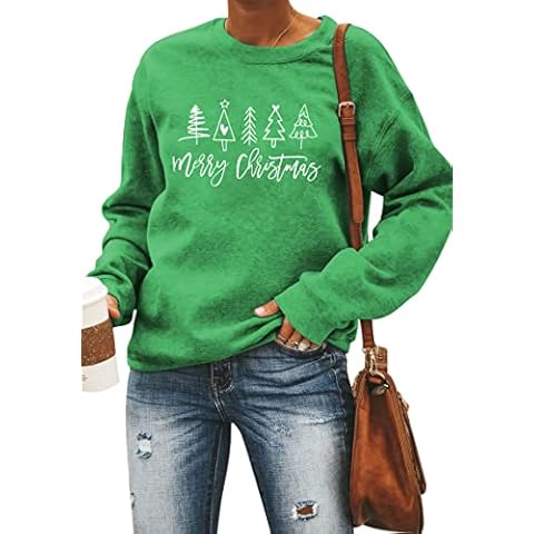 Merry Christmas Sweatshirt for Women Christmas Tree Graphic Long Sleeve Lightweight Shirt Holiday Long Sleeve Tops, Green, XXL Cover