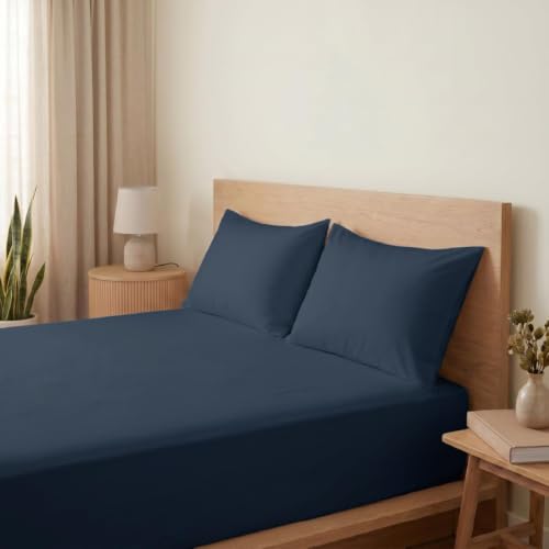 Image of Blue Dahlia 100% Cotton, King Size /Double, Bedsheet (108 inch x 108 inch) + 2 Pillow Covers, Percale Weave, 200TC Solid Premium Bedsheet, Colour: Navy