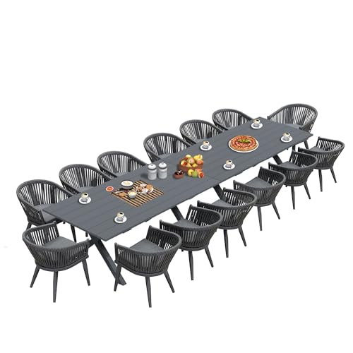 PURPLE LEAF 16 Pieces Outdoor Dining Set with Patio Aluminium Dining Table and Wicker Chairs Modern Furniture Cushions Sets for Backyard Indoor Decor Kitchen Gray
