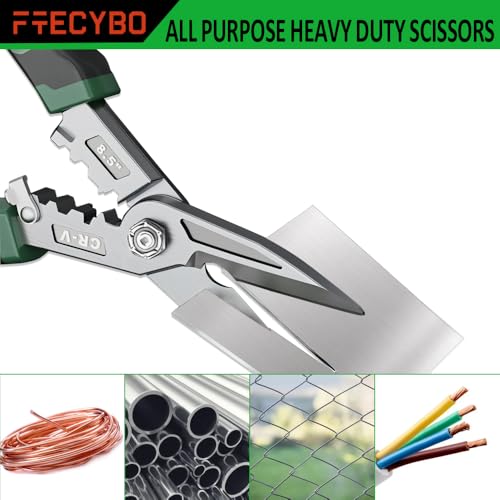 Image of Heavy Duty Industrial Scissors 8.5'', Utility Sharp Aviation Tin Snips, Finely Serrated CR-V Blades with Safety Lock, for Cutting Wires, Cardboard, Plastic, Carpet, Metal Sheet