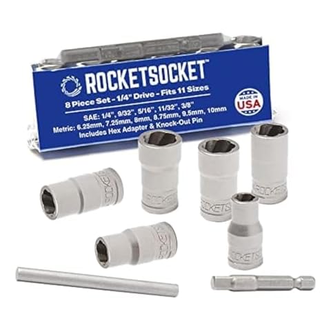 ROCKETSOCKET | 8 Pieces 1/4" Drive Bolt Lug Nut Extractor Socket Tool Set | RAZORGRIP Technology Extract Damaged, Frozen, Rusted, Rounded-Off Bolts, Nuts & Screws | Made in USA Steel Cover