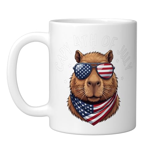 Capybara American Flag Sunglasses 4th Of July Patriotic Cute Ceramic Mug, White