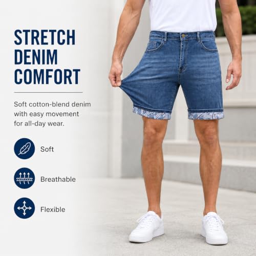 Image of Men's Jean Shorts, Stretch Denim Jorts with American Flag Cuffs, Relaxed Fit Casual Summer Shorts with 5 Pockets