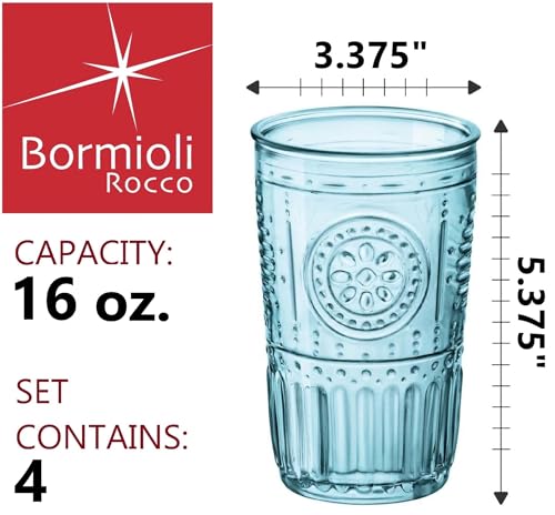 Bormioli Rocco Romantic 16 oz. Cooler Beverage Glasses for Cold Drinks, Juices, and Cocktails, Set of 4, Light Blue