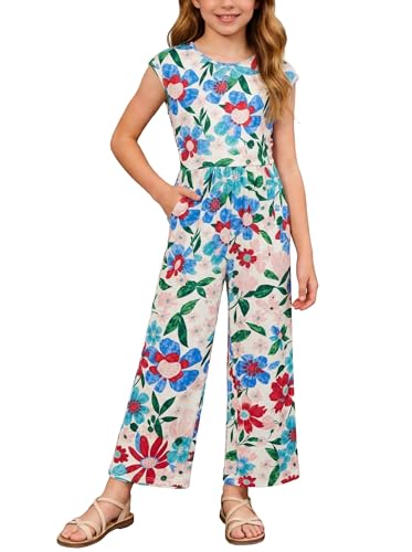Haloumoning Girls Jumpsuit Kids Cute Printed Ribbed Cap Sleeve Wide Leg Pants Rompers Casual One Piece Outfits
