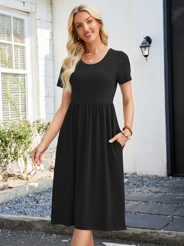 Image of Heymoments Women's Casual Short Sleeve Midi Dress Crewneck A Line Tiered Flowy Loose Travel Long Dresses with Pockets