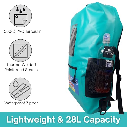 Mochila bolsa seca flotante impermeable 28L con ventana táctil para teléfono con PVC 500D resistente para kayak, bote, playa, rafting y senderismo - Azul verdoso miniatura 3