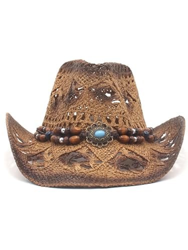 Felcia Men's Women's Straw Cowboy Hat Woven Sunscreen Cap Western Cowboy Hat Two Decorative Bands (A-Dark Coffee, ONE Size)