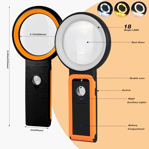 KIBTOY Lupe mit Licht und Ständer, Leselupe mit 18 LEDs und 3 Lichtmodi, Echte Glaslinsen Dimmbare Faltbare Großlupe für Senioren, Münzen, Makuladegeneration (Schwarz)