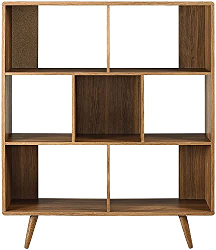 Image of Transmit Mid-Century Offset Cube Wood Bookcase in Walnut Display Space for Books, Photo Frames for Living Room, Study, Home Office, 11.5 inch D X 45 inch W X 52.5 inch H
