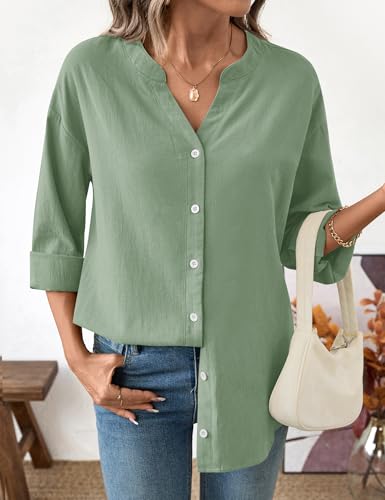 LOMON Womens Button Down Shirts Long Sleeve Cotton Button Up Shirt Linen V Neck Casual Loose Tops Blouses3