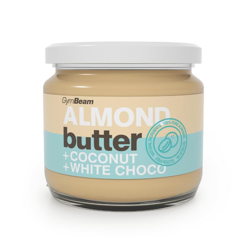 Mantequilla de Almendras GymBeam con Coco y Chocolate Blanco 340g, Deliciosa, Saludable, Nutritiva y Rica en Fibra, Crema Untable, Gran Sabor y Textura Cremosa, Chocolate blanco con coco, 8 x 340 g