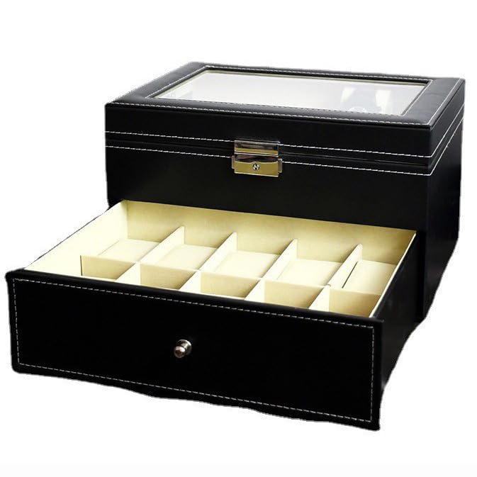 BADEZ Caja de reloj de doble capa, organizador de colección de joyas, con tapa de cristal, caja de exhibición de joyas con 20 almohadas extraíbles