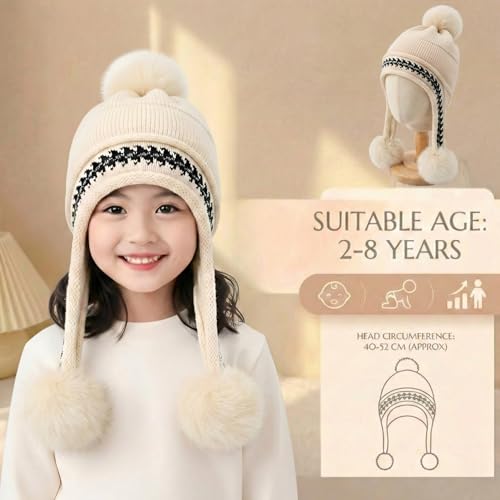 Image of Kraptick Children's Winter Cap: Velvet Thick Warm Woolen Knit Hat with Ear Protection for Children Stylish Korean Beanie with Long Pompom Ears & Fleece Lining Perfect for Winter -4