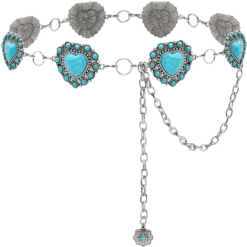 Turquoise Belt Silver Western Chain Belt Cowgirl Concho Belts for Women