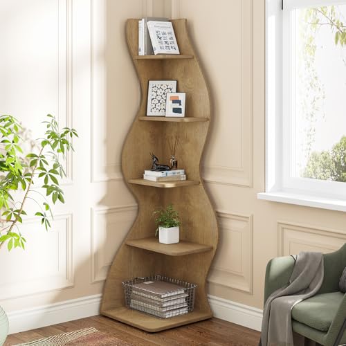 Image of Tribesigns Corner Shelf, Modern 5-Tier Wall Corner Bookshelf, Stylish Corner Small Bookcase Storage Rack Plant Stand with Unique Shape for Living Room, Home Office (Light Brown, 1PC)