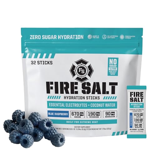 Fire Salt Hydration Sticks Electrolytes & Coconut Water Hydration Drink Mix with Magnesium Potassium & Sodium Zero Sugar Single Serve On the Go Packs Blue Raspberry Flavor 32 Count