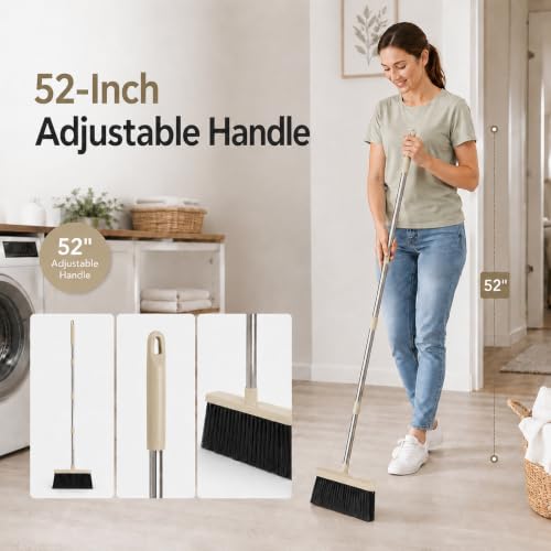 Image of Broom and Dustpan Set, 52-Inch Handle, Comb Teeth, Gray Yellow | Long handle broom set for home, kitchen, apartment andstorage