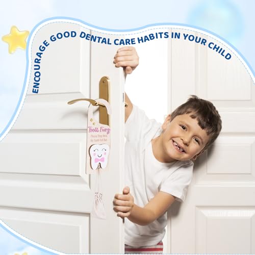 Image of Tooth Fairy Door Hanging Tooth Fairy Storage Bag One Tooth Fairy Coin Keepsake Wooden Tooth Holder with Money Slot to Commemorate Your Child's First Lost Tooth, Tooth Fairy Gift (Pink)